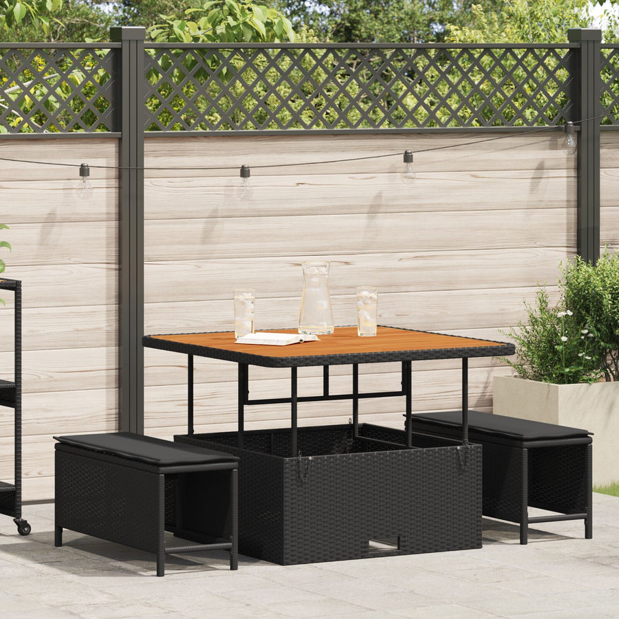 3-Delige Tuin Dinerset Met Kussens Poly Rattan Acacia 100 cm Zwart 2 krukken