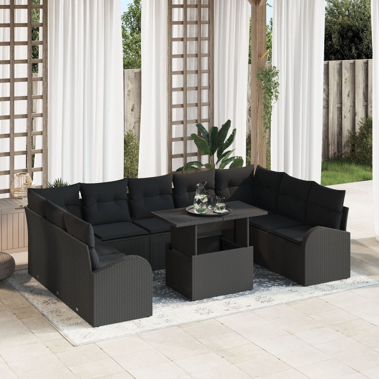 10-Delige Tuinsalonset Met Kussens Zwart Poly Rattan