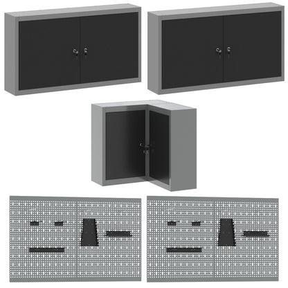 10-Delige Toolopslagtafelset Gelaagd Hout En Metaal 100 cm kast met pegboard Zwart 3x tafel + 4x kast + 4x pegboard