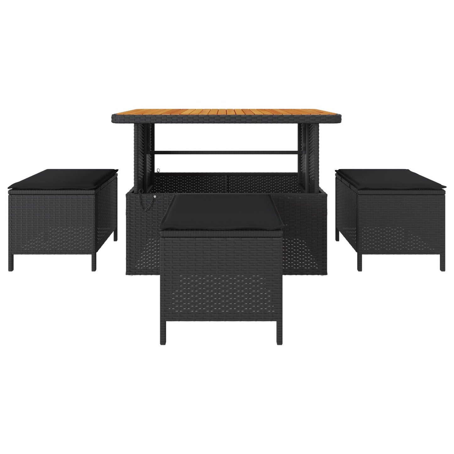 4 Delige Tuin Eettafel Set Met Kussens Poly Rattan Acacia 110 cm Zwart 3 krukken