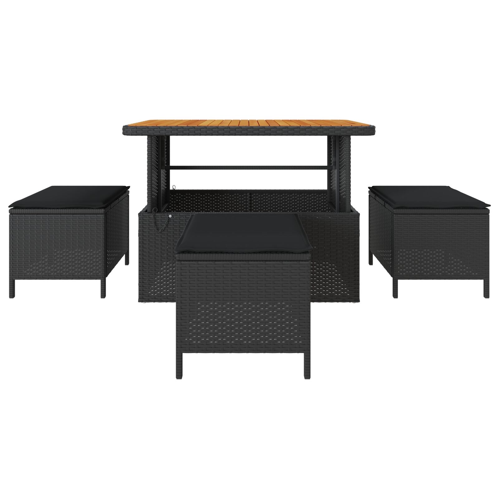 4 Delige Tuin Eettafel Set Met Kussens Poly Rattan Acacia 110 cm Zwart 3 krukken