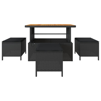 4 Delige Tuin Eettafel Set Met Kussens Poly Rattan Acacia 110 cm Zwart 3 krukken