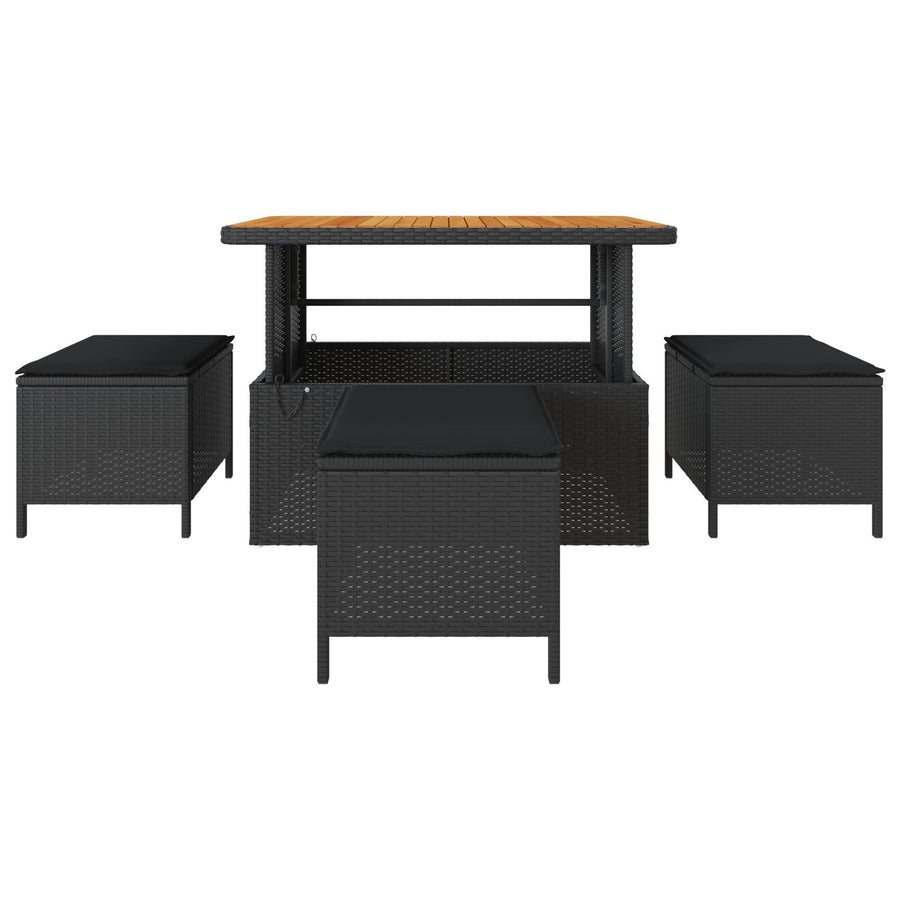 4 Delige Tuin Eettafel Set Met Kussens Poly Rattan Acacia 110 cm Zwart 3 krukken
