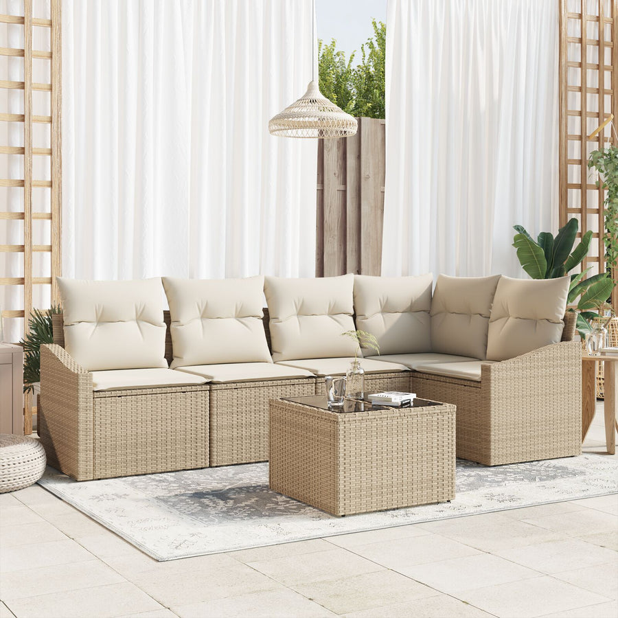 6-Delige Tuin Sofa Set Met Kussens Bruin Poly Rattan Beige en crème met tafel