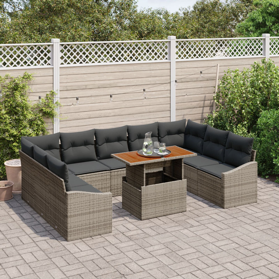 10-Delige Tuinbankset Met Kussens Grijs Poly Rattan