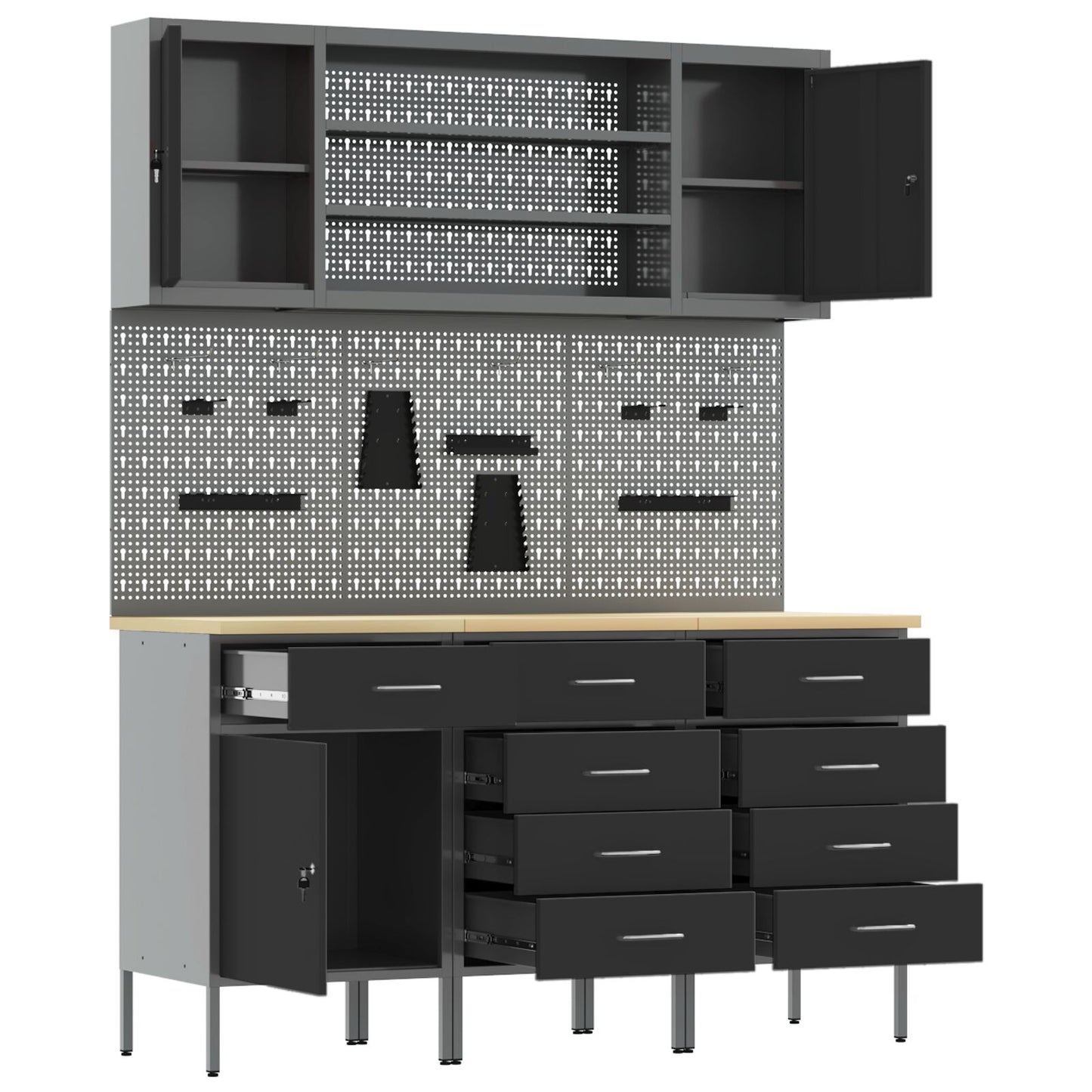 7-Delige Werkbankset Staal 3x (84/85/85 cm) Zwart 4x kast + 4x pegboard