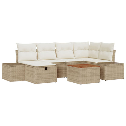 Tuinsofa Set Set Van 7 Beige Riet, Polyester Tuinmeubelen Wit