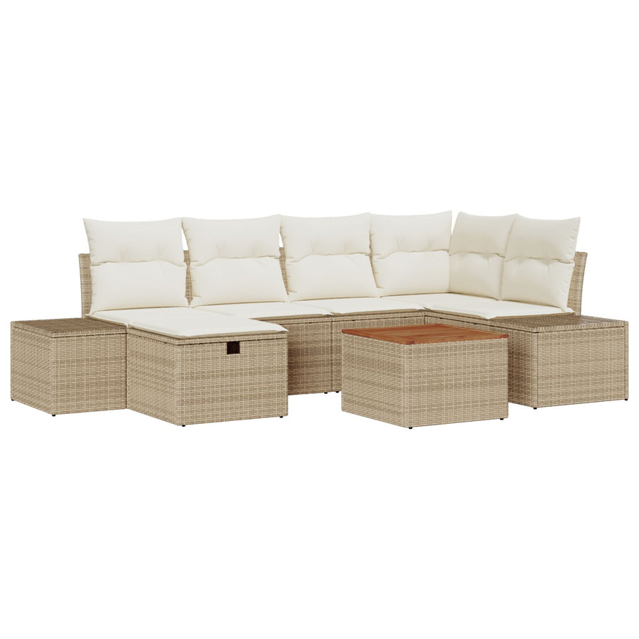 Tuinsofa Set Set Van 7 Beige Riet, Polyester Tuinmeubelen Wit