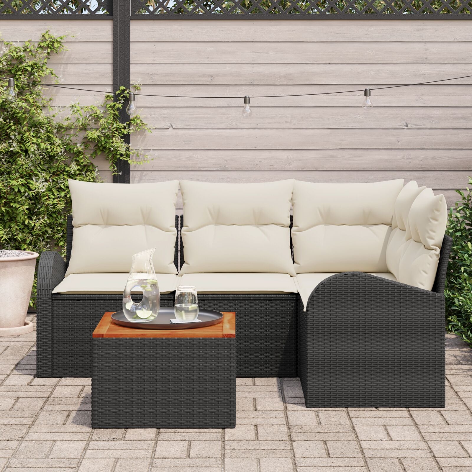 5 Delige Tuinbank Set Met Kussens Zwart Poly Rattan Acacia