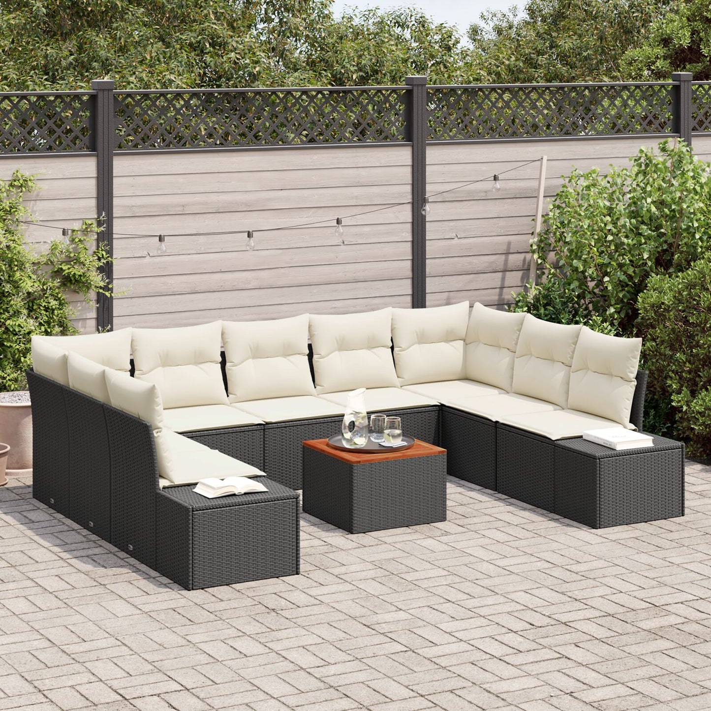 Tuin Sofa Set Set Van 10 Zwart En Crème Rattan, Polyester Stof