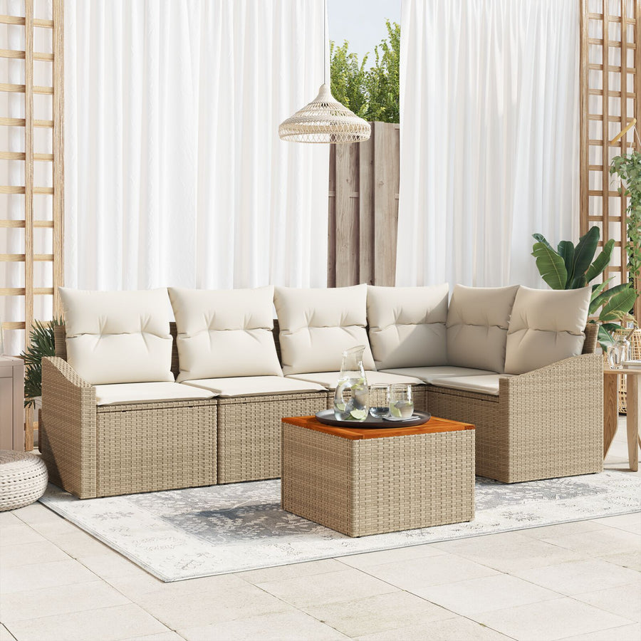 6 Delige Tuin Sofa Set Met Kussens Beige Poly Rattan Acacia
