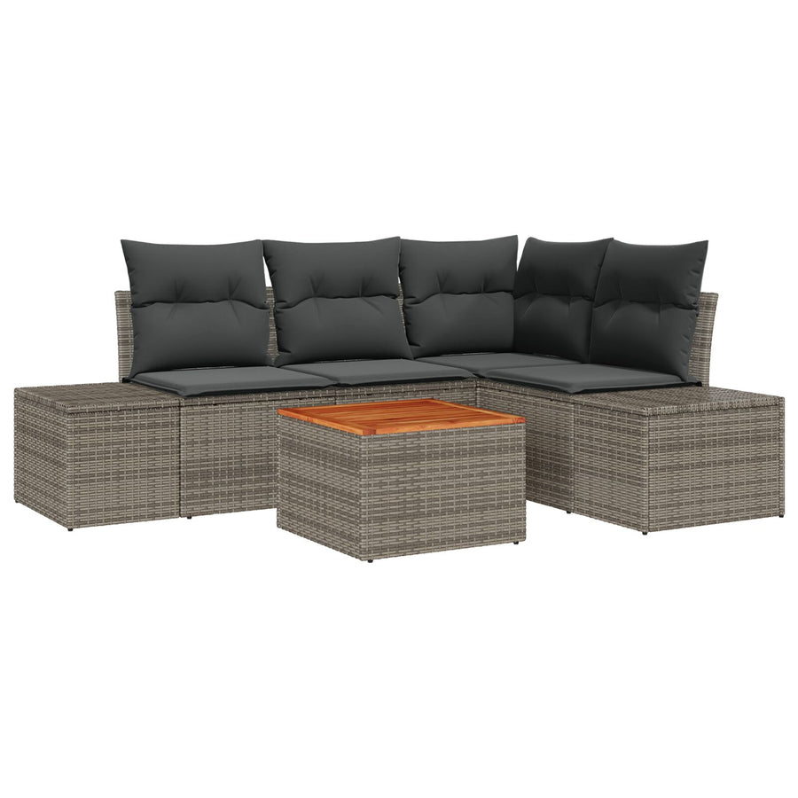 5-Delige Tuin Sofaset Met Kussens Grijs Poly Rattan Acacia