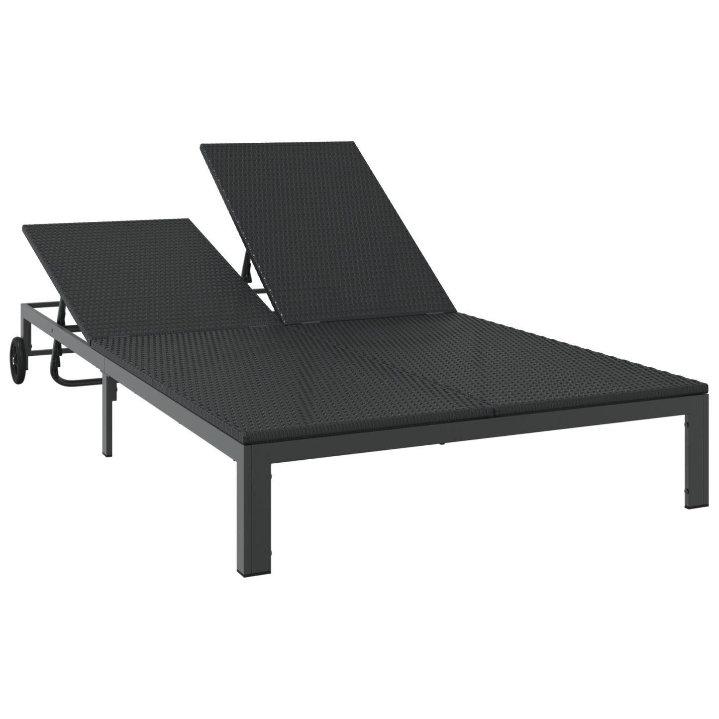 Zonnebed Met Kussens En Wielen Voor 2 Personen Poly Rattan Zwart 200 x 109 x 27,5 cm