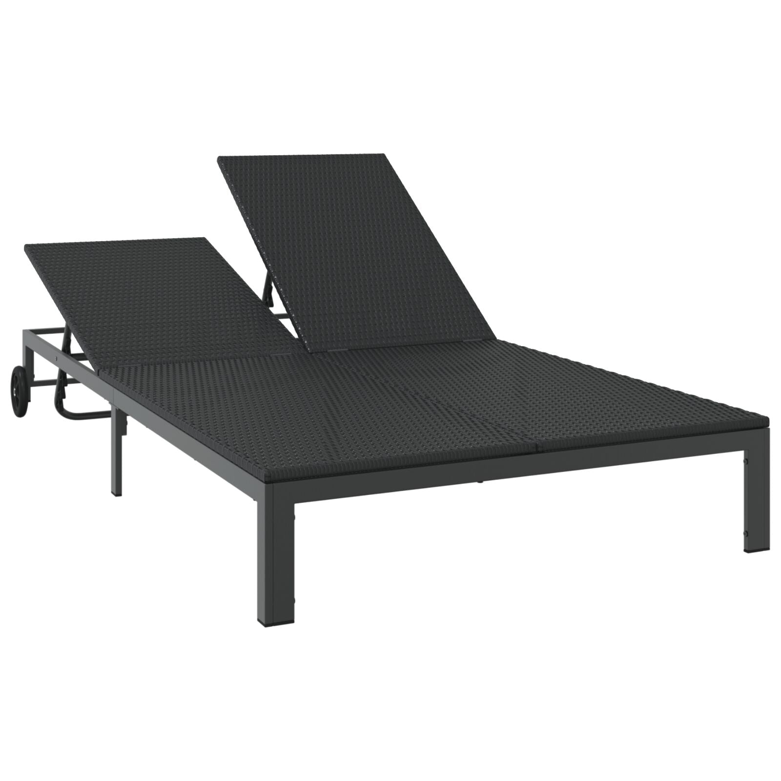 Zonnebed Met Kussens En Wielen Voor 2 Personen Poly Rattan Zwart 200 x 109 x 27,5 cm