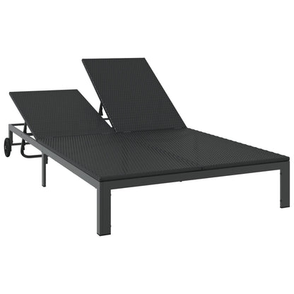 Zonnebed Met Kussens En Wielen Voor 2 Personen Poly Rattan Zwart 200 x 109 x 27,5 cm