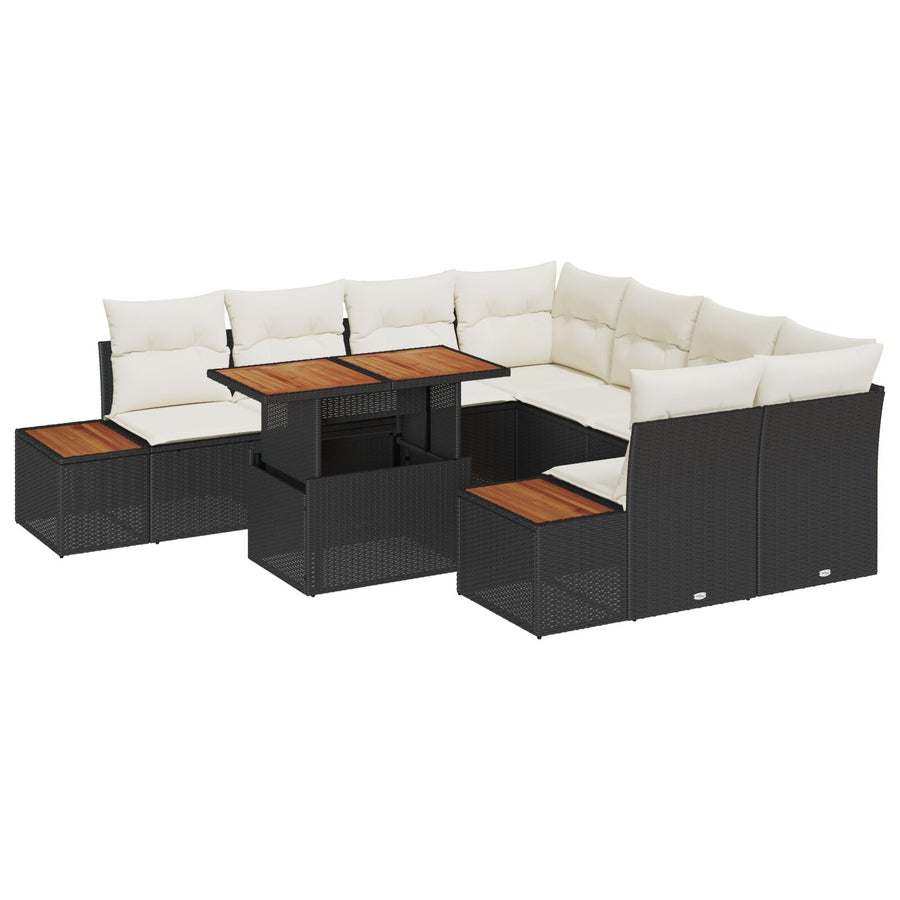 9-Delige Tuin Eetset Met Kussens Zwart Poly Rattan Acacia