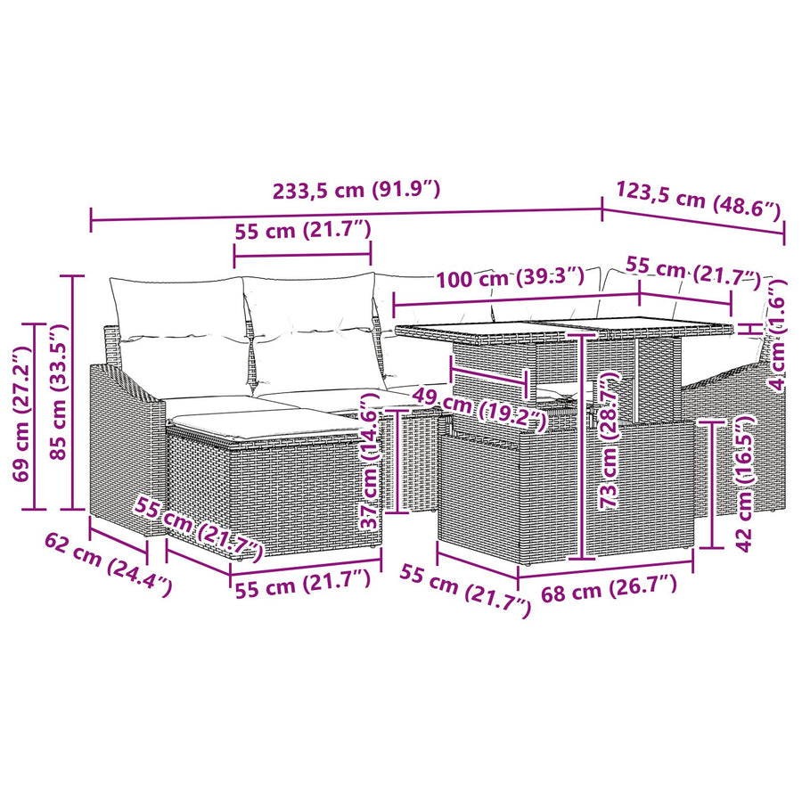7-Delige Tuinsofa Set Met Kussens Beige Poly Rattan