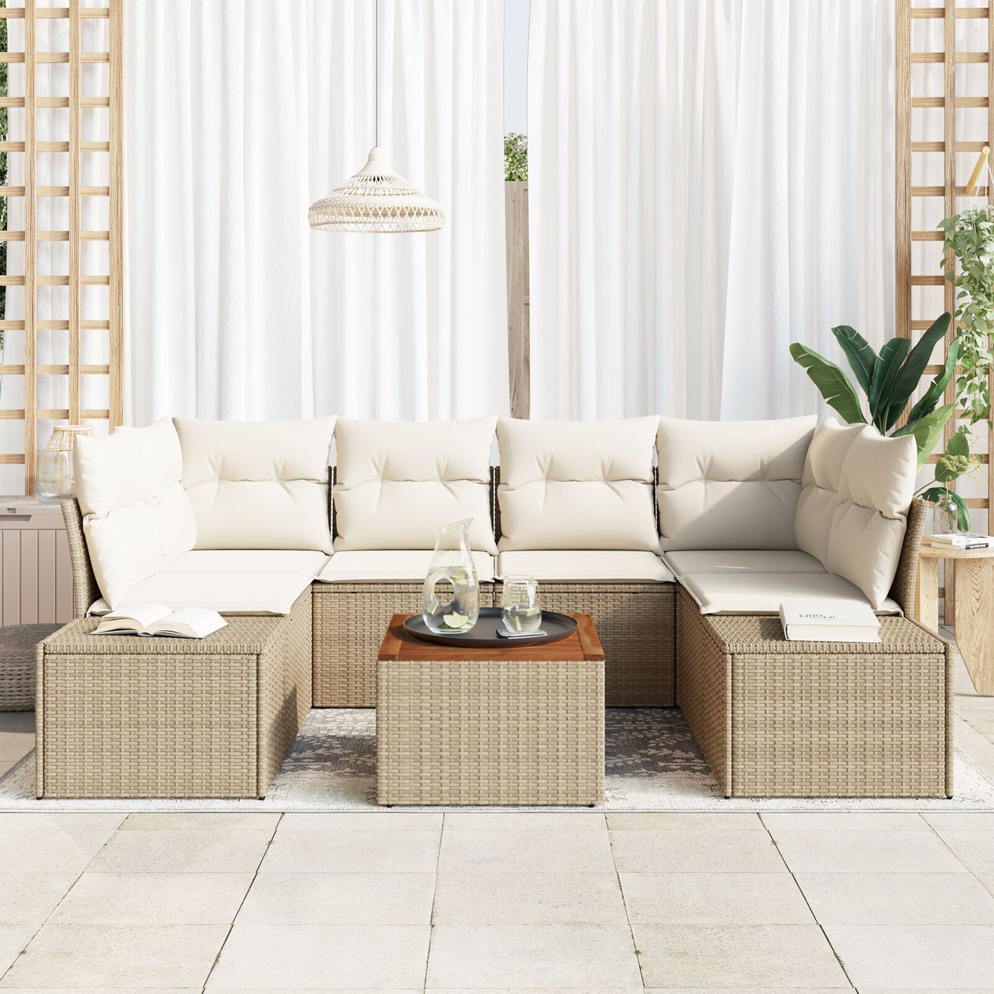 Tuinbankset 7 Delig Beige Poly Rattan Buitenbankset Hedendaags