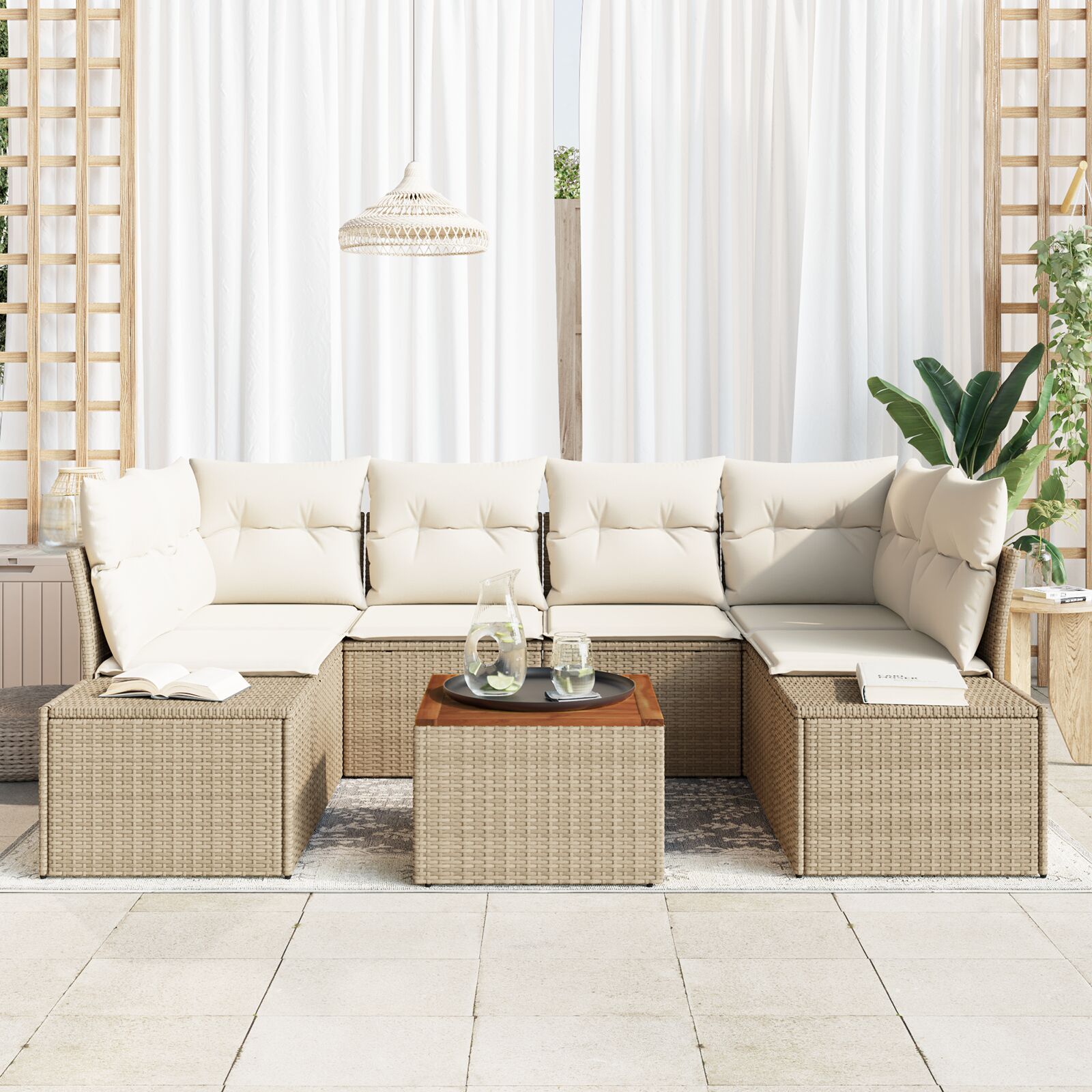 Tuinbankset 7 Delig Beige Poly Rattan Buitenbankset Hedendaags