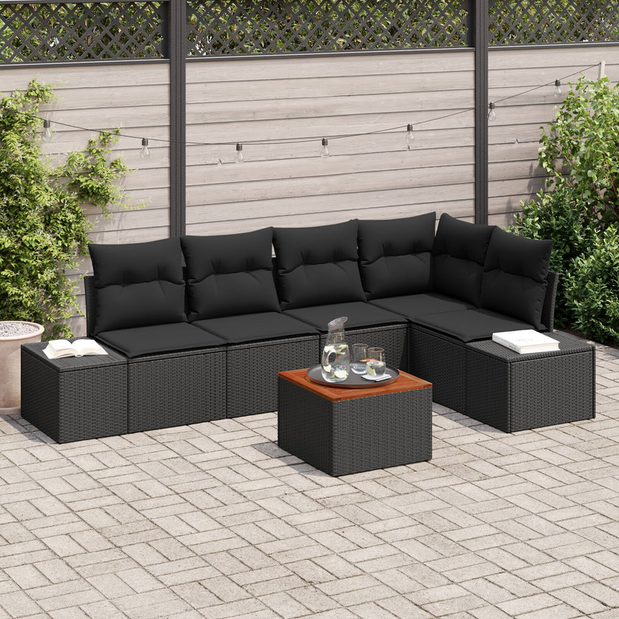 6-Delige Tuinbank Set Met Kussens Zwart Poly Rattan Acacia
