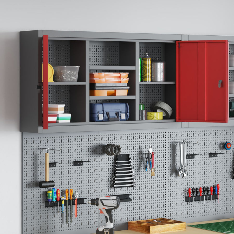 Gereedschapskast Wandbevestiging Met Pegboard 100X20X55 Cm Staal 100 cm Rood en Grijs Wandkast met pegboard