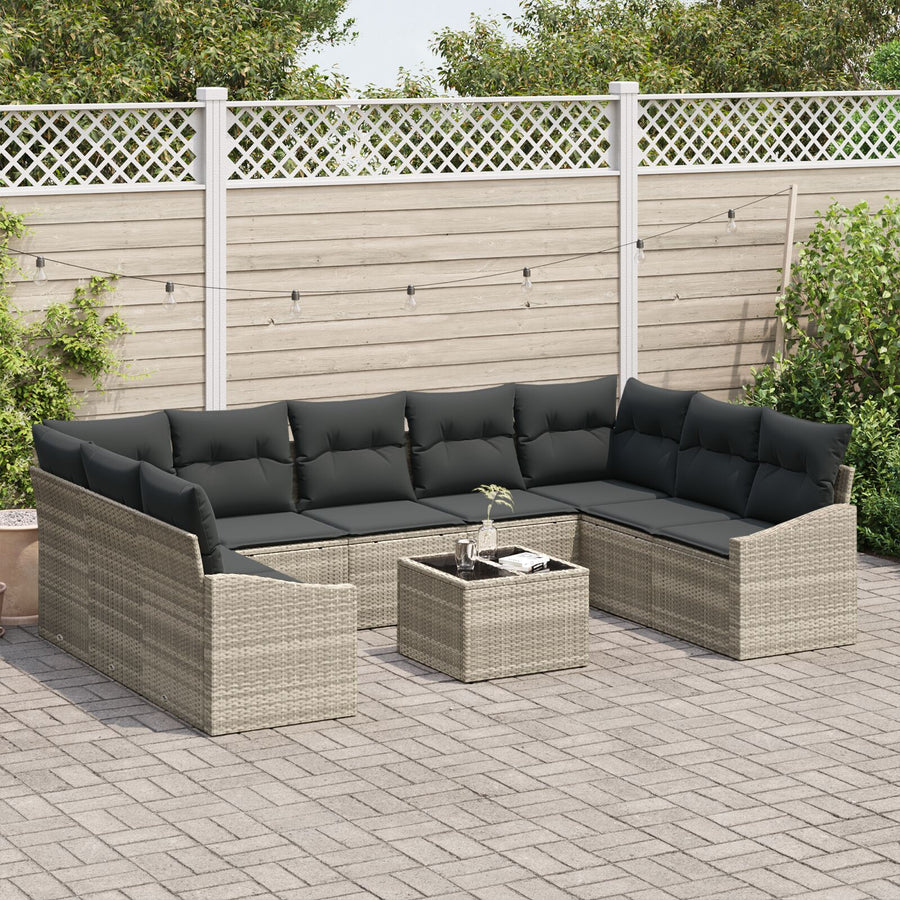 10-Delige Tuin Sofa Set Met Kussens Grijs Poly Rattan Lichtgrijs met tafel