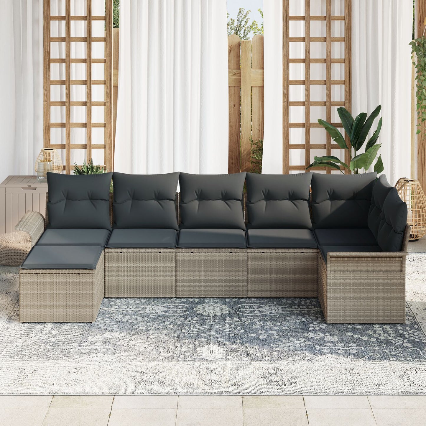 7-Delige Tuinsofa Set Met Kussens Lichtgrijs Poly Rattan