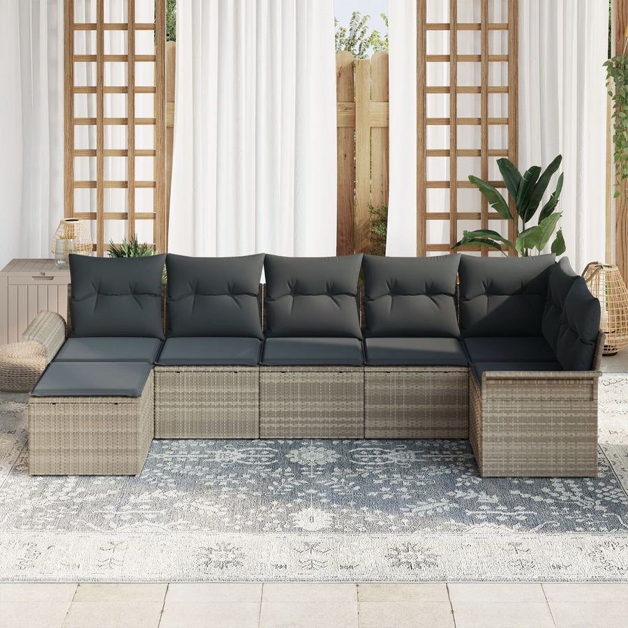 7-Delige Tuinsofa Set Met Kussens Lichtgrijs Poly Rattan
