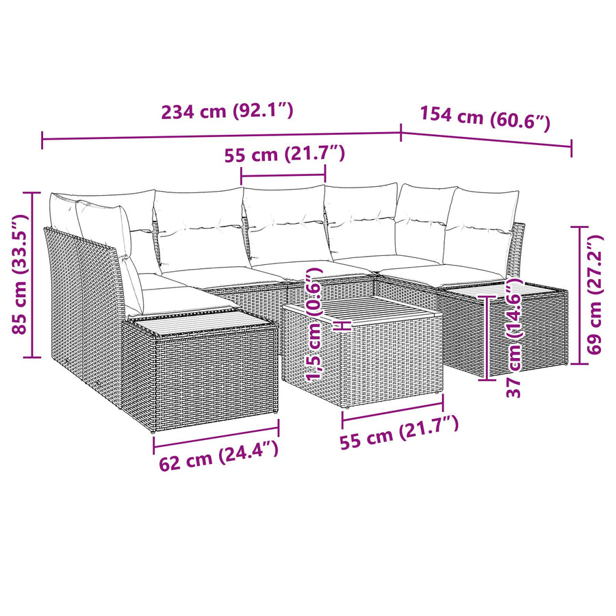 7-Delige Tuin Sofa Set Met Kussens Zwart Poly Rattan Acacia
