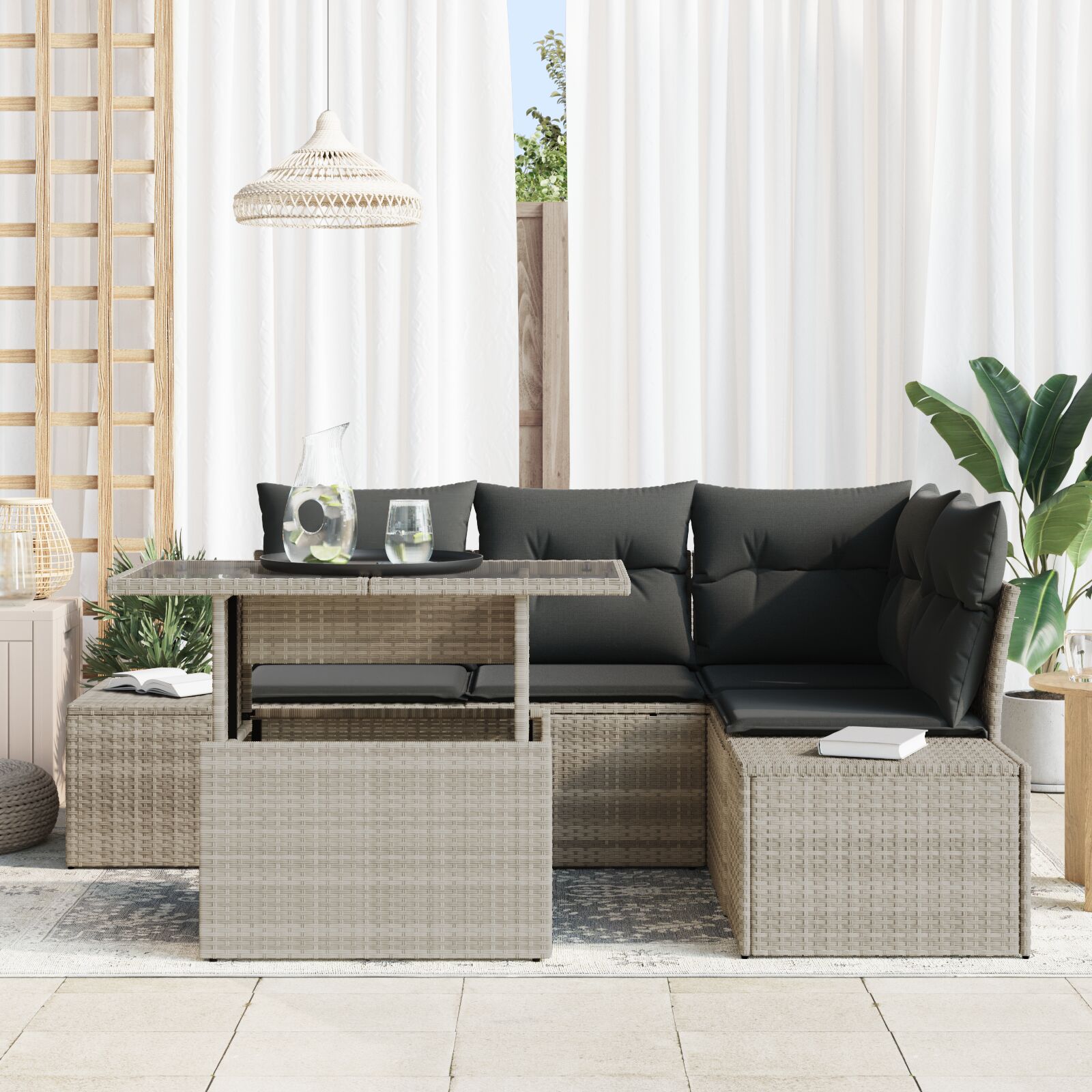 5-Delige Tuinbankset Met Kussen Lichtgrijs Poly Rattan