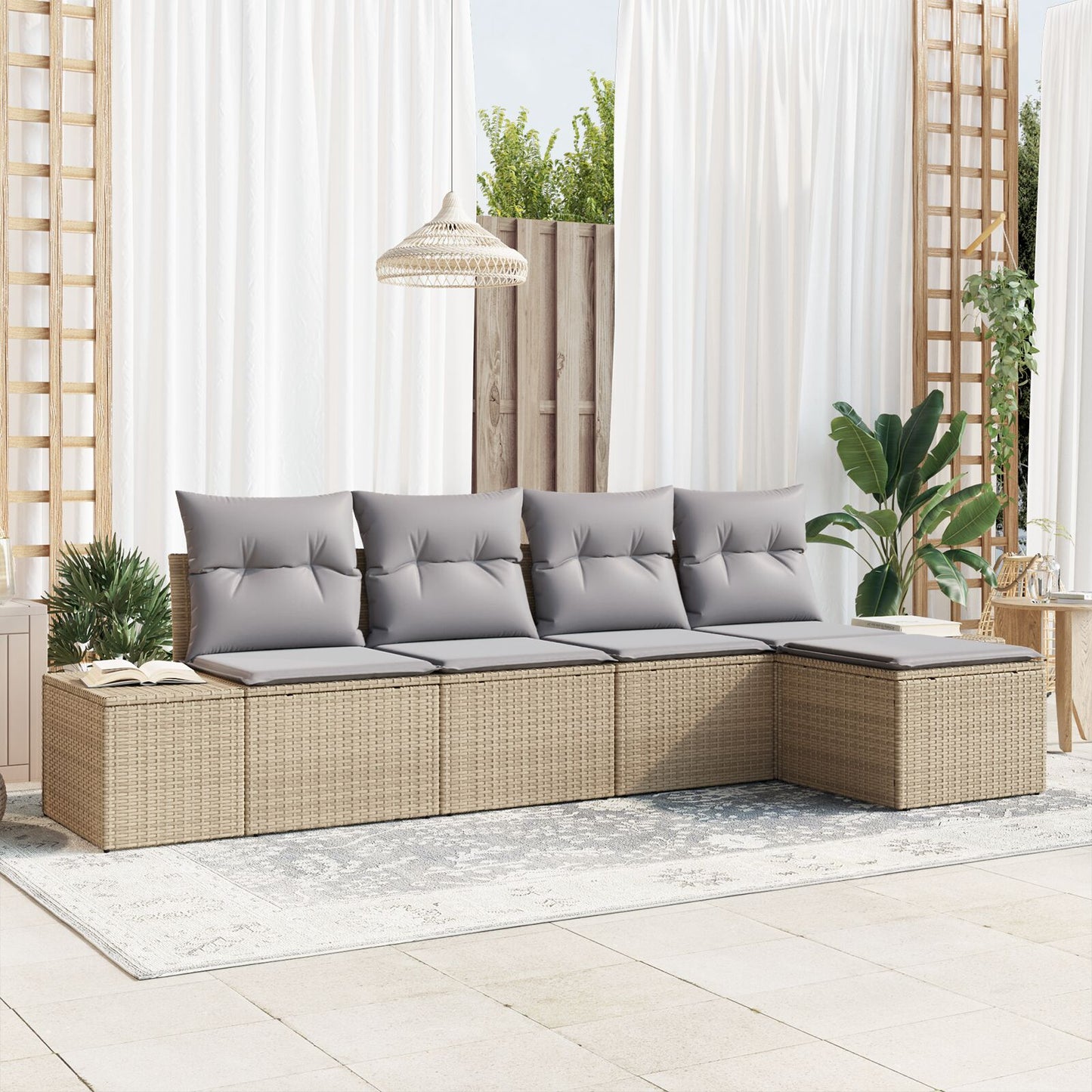 5-Delige Tuinbankstel Met Kussens Poly Rattan Beige en lichtgrijs zonder tafel