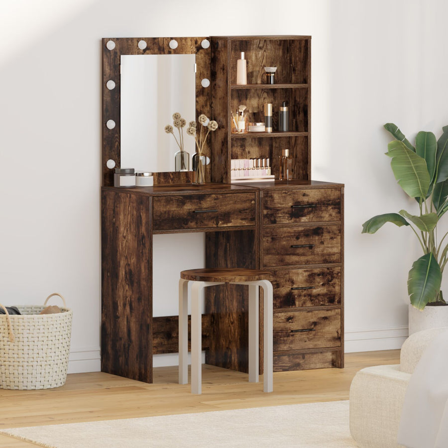 2-Delige Make-Uptafel Set Met Led Gerookt Eiken Geengineerd Hout