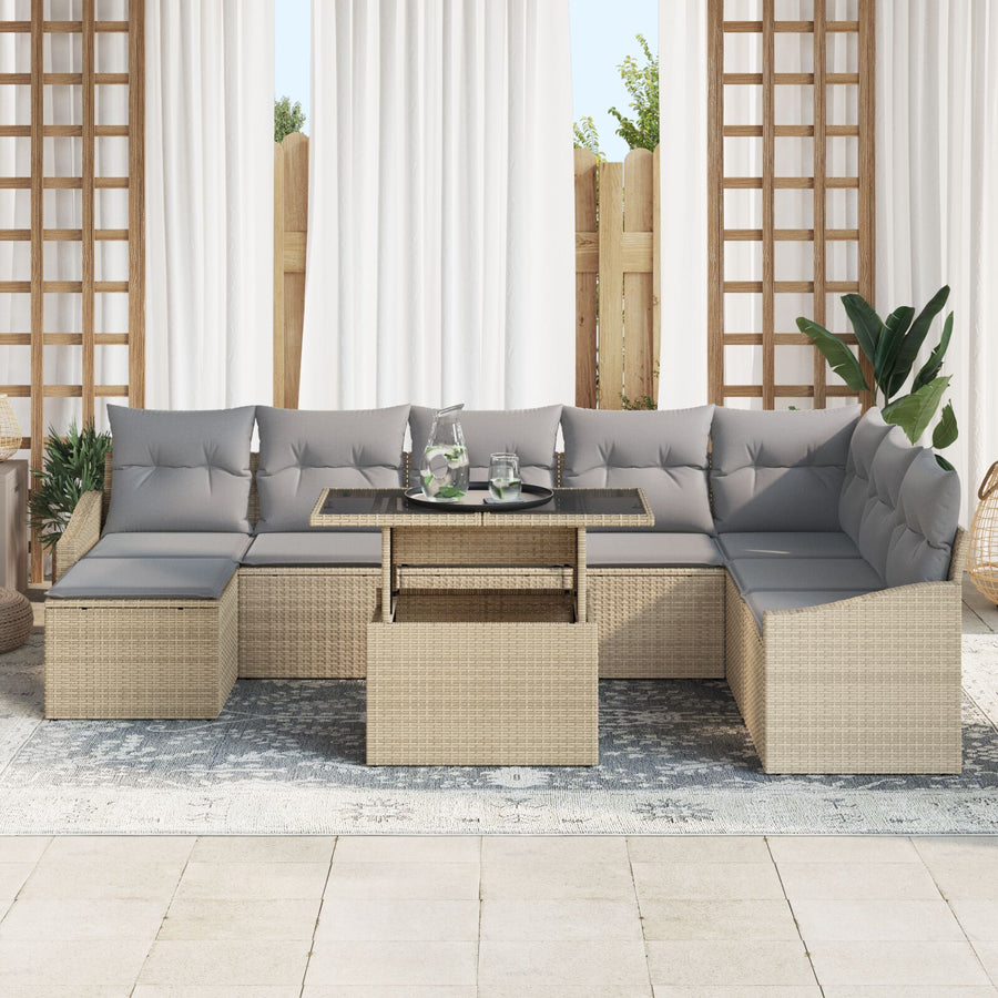 Tuinset Set Van 9 Beige, Grijs Poly Rattan, Polyester