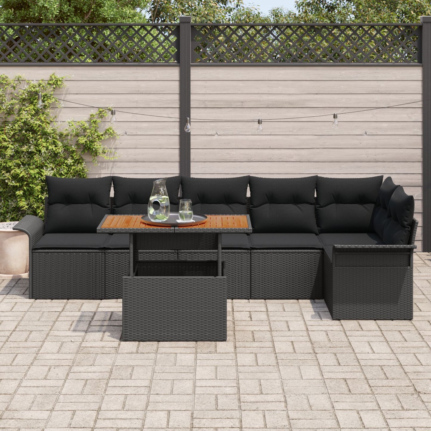 7-Delige Tuin Eettafel Met Kussens Zwart Poly Rattan Acacia