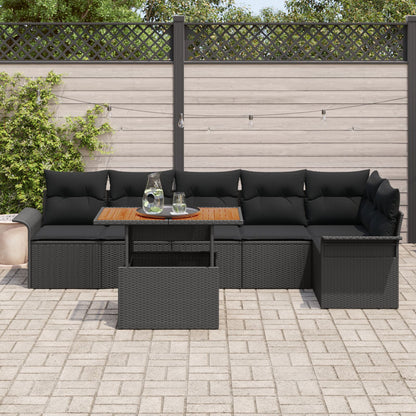 7-Delige Tuin Eettafel Met Kussens Zwart Poly Rattan Acacia