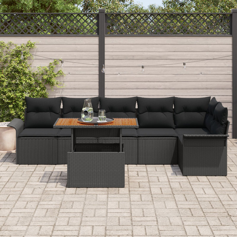 7-Delige Tuin Eettafel Met Kussens Zwart Poly Rattan Acacia