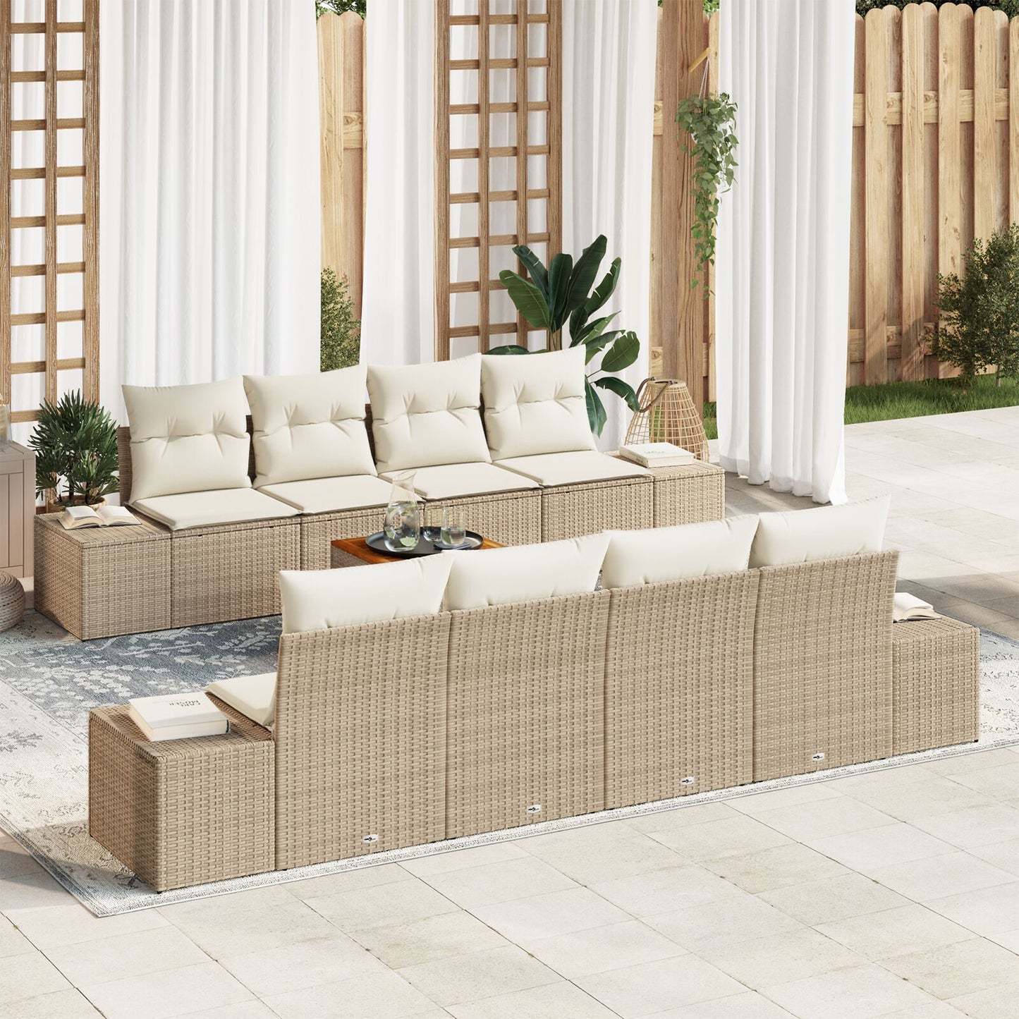 7-Delige Tuin Sofa Set Met Kussens Beige Poly Rattan Acacia