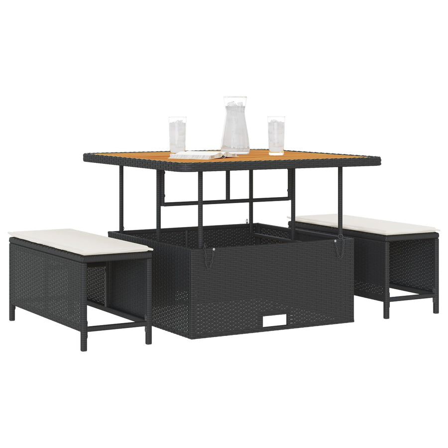 3-Delige Tuin Eettafel Set Met Kussens Poly Rattan Acacia 100 cm Zwart en crème 2 krukken