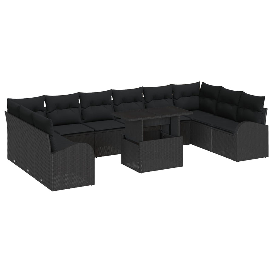 11-Delige Tuinsofa Set Met Kussens Zwart Poly Rattan
