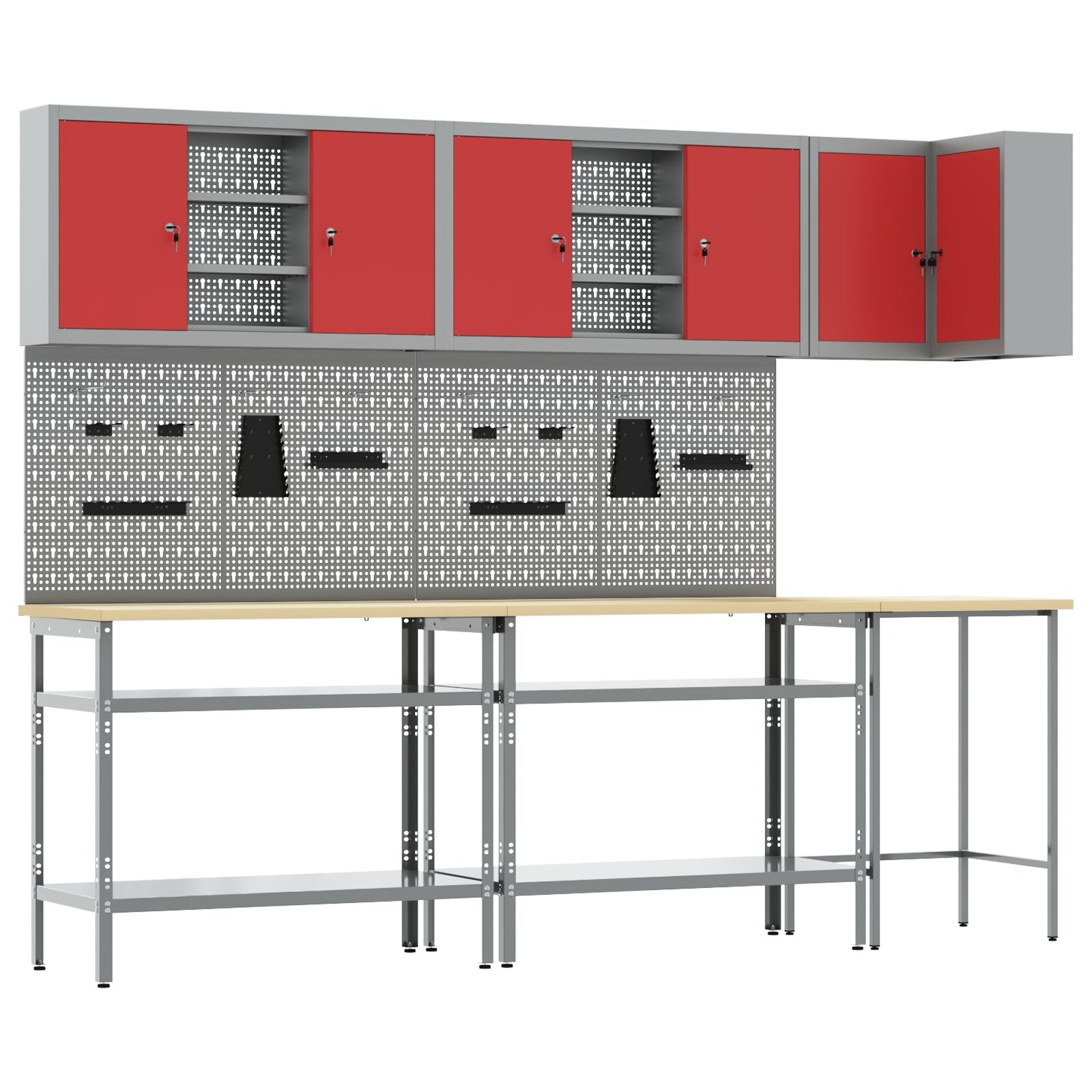 10-Delige Gereedschapsopslag Tafelset In Engineering Hout En Metaal 100 cm kast met pegboard Rood 3x tafel + 4x kast + 6x pegboard