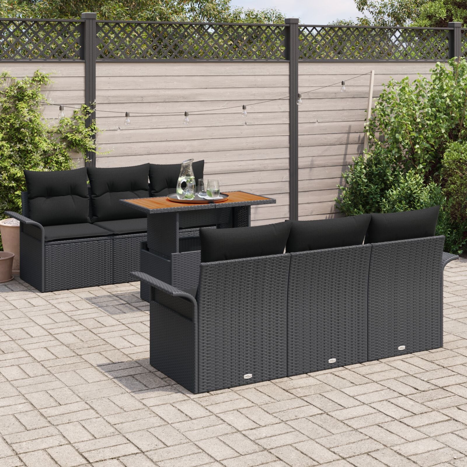 7-Delige Tuinbank Set Met Kussens Zwart Poly Riet Acacia