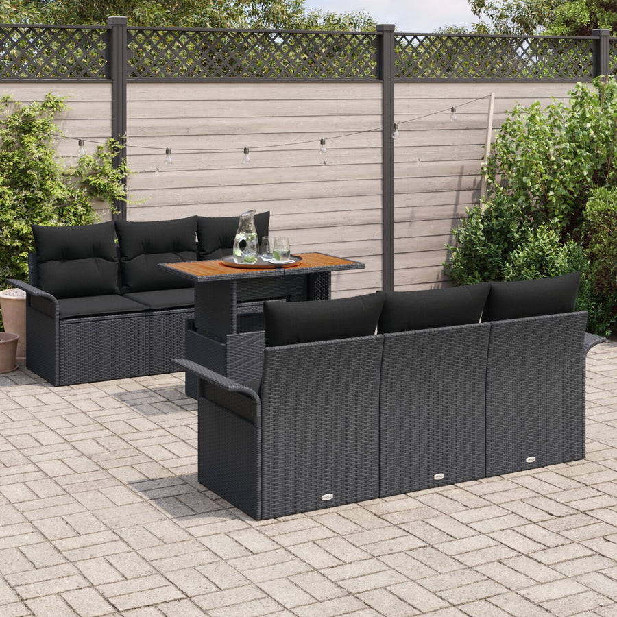 7-Delige Tuinbank Set Met Kussens Zwart Poly Riet Acacia