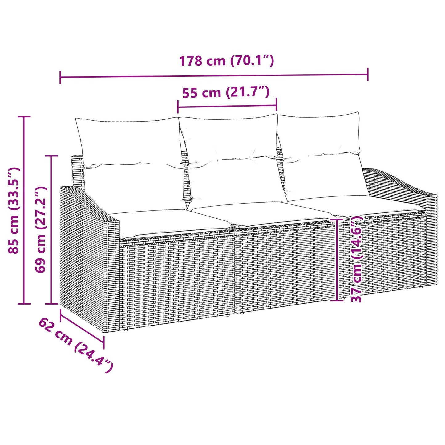 Tuin Sofa Set Set Van 3 Zwart Rattan, Stof Buitensofa Gegalvaniseerd Staal