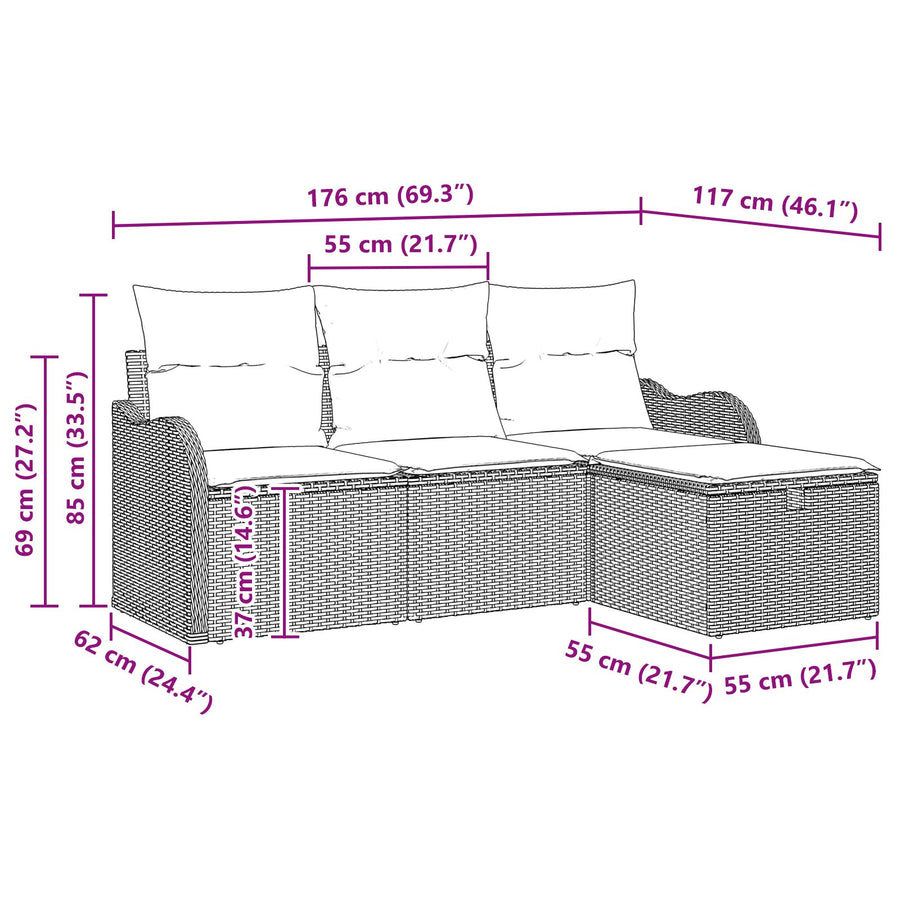 4-Delige Tuinbank Set Met Kussens In Lichtgrijs Poly Rattan, 2-Zits Tuinbank Met Opbergruimte & Kussens In Lichtgrijs Poly Rattan Wit