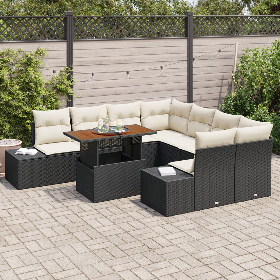 9-Delige Tuinsalonset Met Kussens Zwarte Poly Rattan