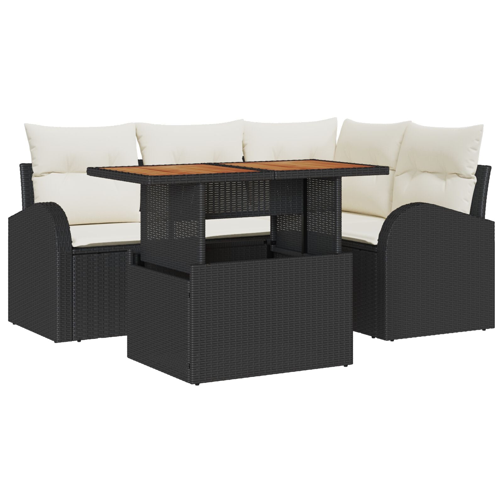 5-Delige Tuin Eettafel Set Met Kussens Zwart Poly Rattan Acacia
