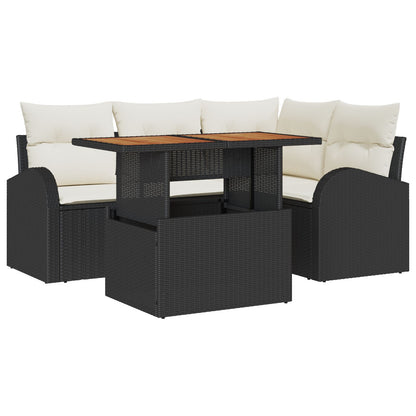 5-Delige Tuin Eettafel Set Met Kussens Zwart Poly Rattan Acacia
