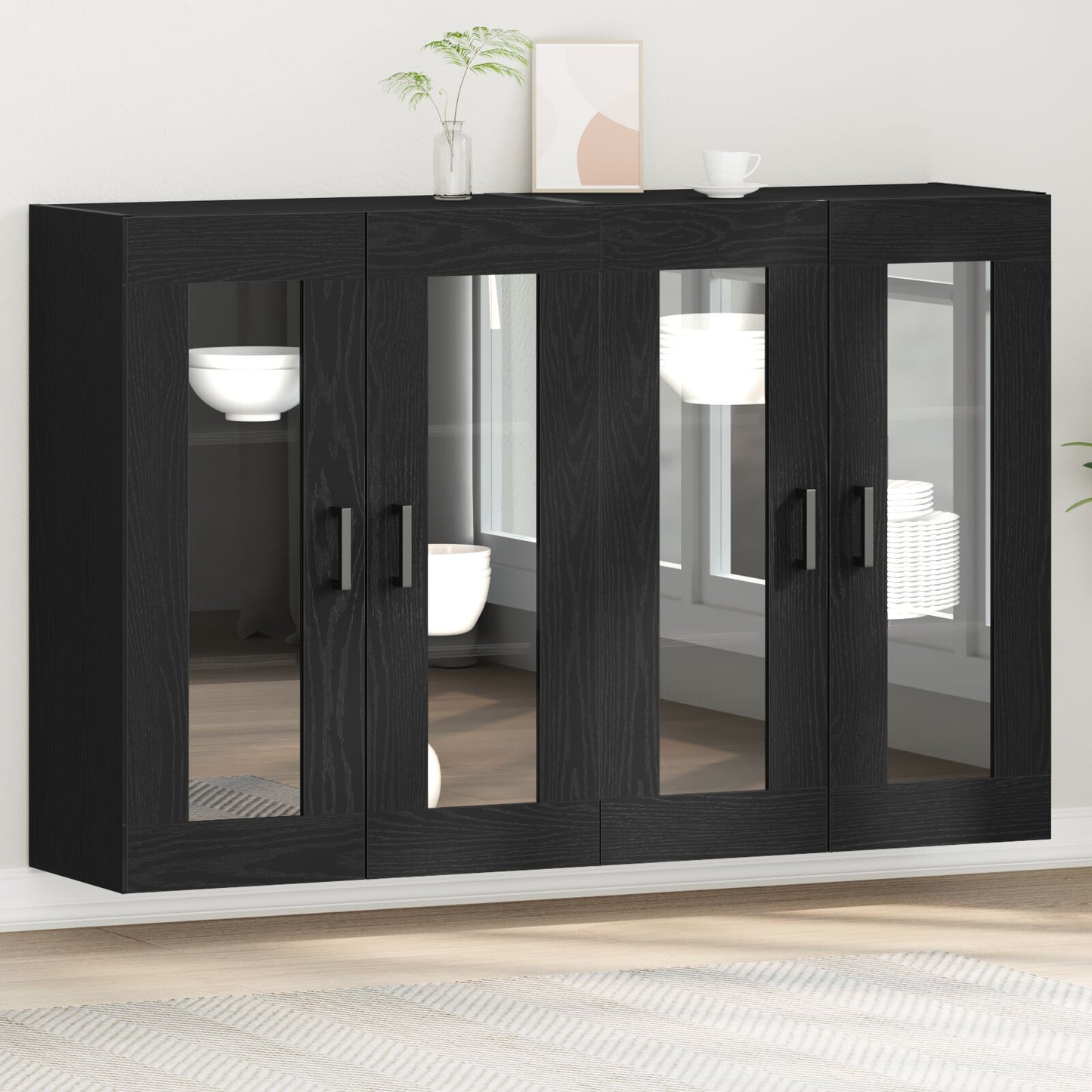 Wandkast Set Van 2 Zwart Eiken Bewerkt Hout, Glas