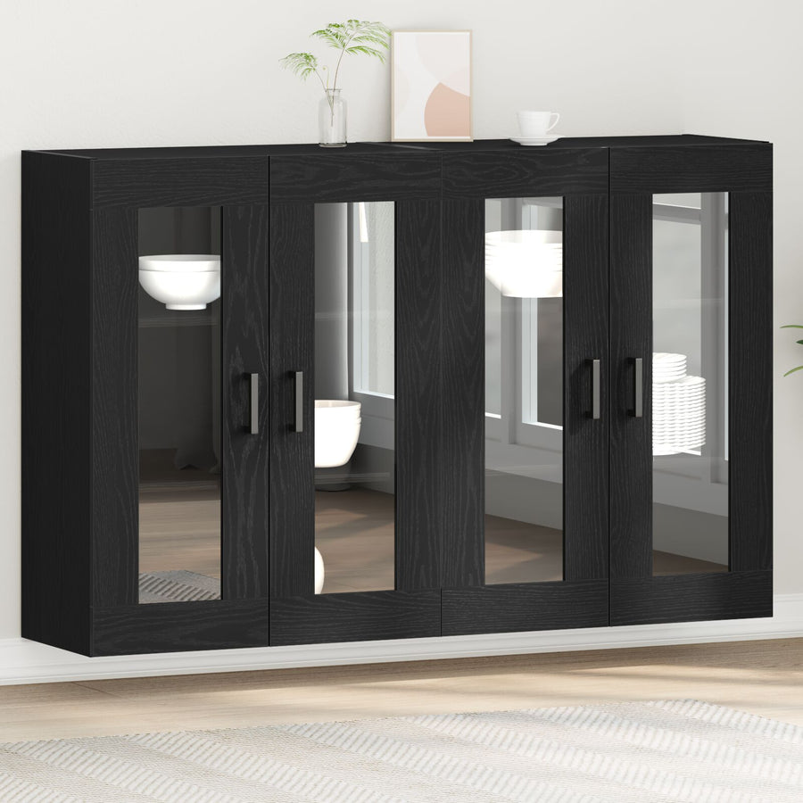 Wandkast Set Van 2 Zwart Eiken Bewerkt Hout, Glas
