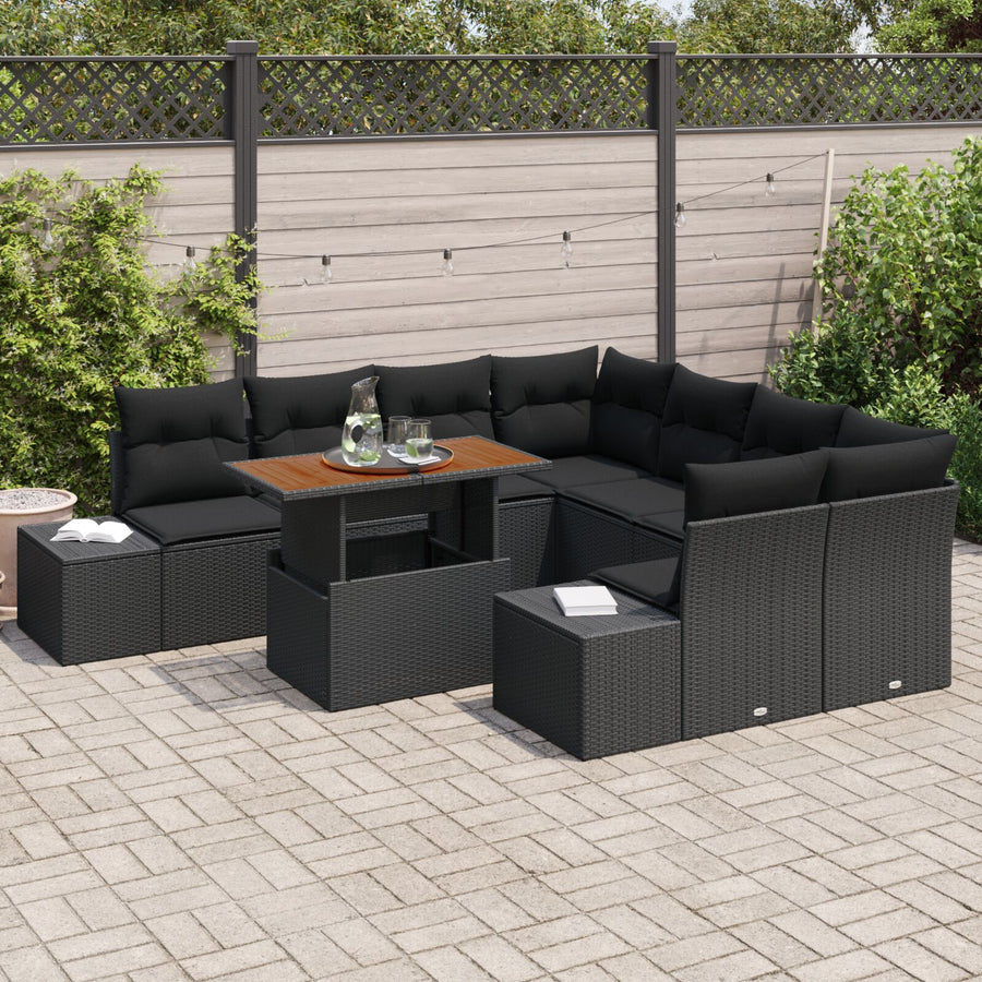 9-Delige Tuin Sofa Set Met Kussens Zwart Poly Rattan